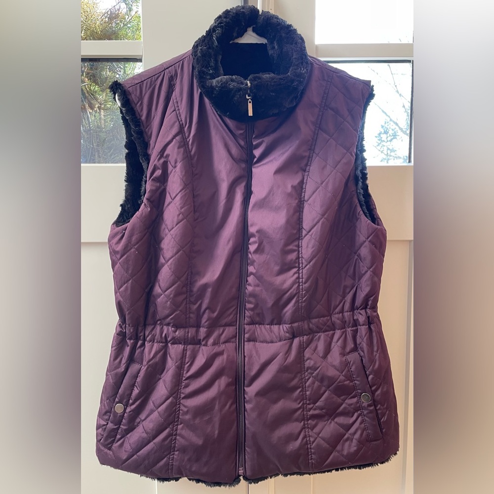Reversible vest Giacca Gallery large black faux fur plum purple drawstring waist - Picture 4 of 9